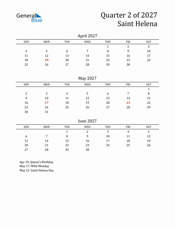 Quarter 2 2027 Saint Helena Quarterly Calendar