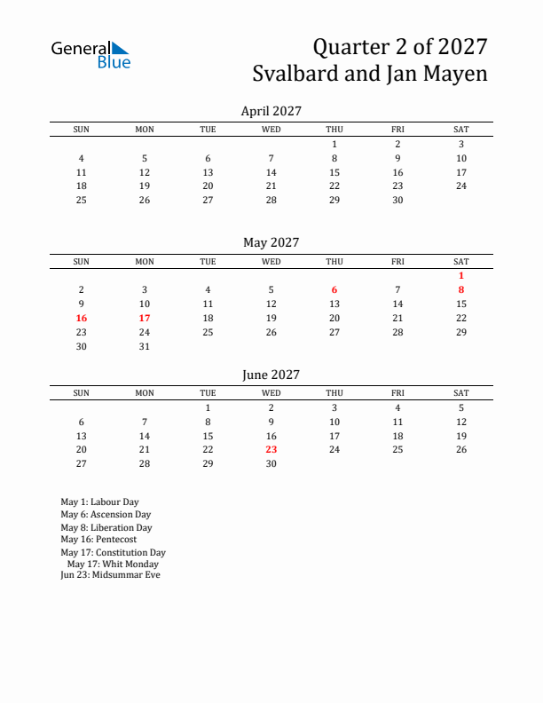 Quarter 2 2027 Svalbard and Jan Mayen Quarterly Calendar