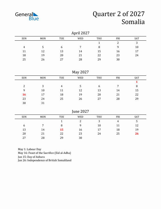 Quarter 2 2027 Somalia Quarterly Calendar