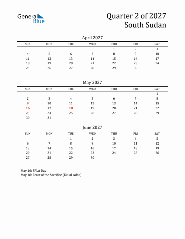 Quarter 2 2027 South Sudan Quarterly Calendar