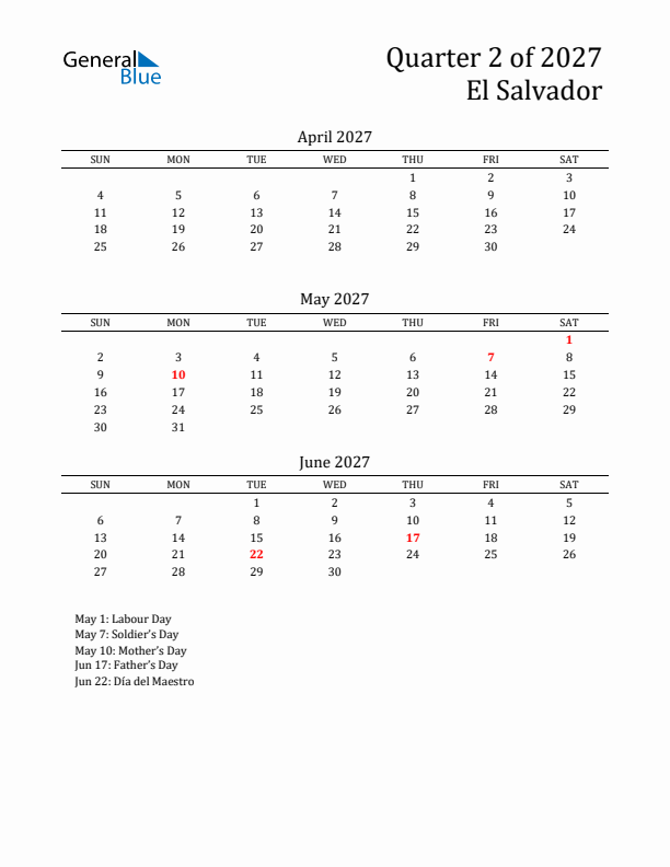 Quarter 2 2027 El Salvador Quarterly Calendar