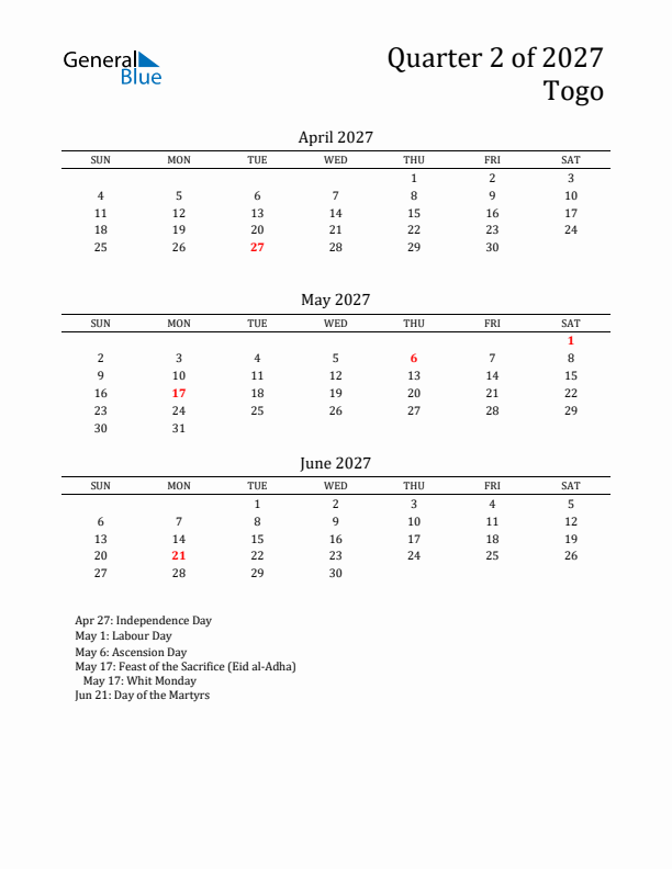 Quarter 2 2027 Togo Quarterly Calendar