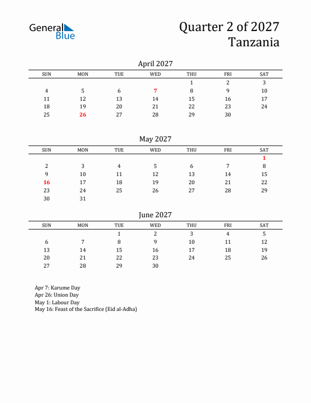 Quarter 2 2027 Tanzania Quarterly Calendar