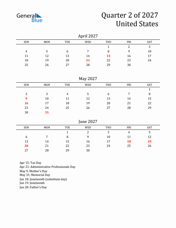 Quarter 2 2027 United States Quarterly Calendar