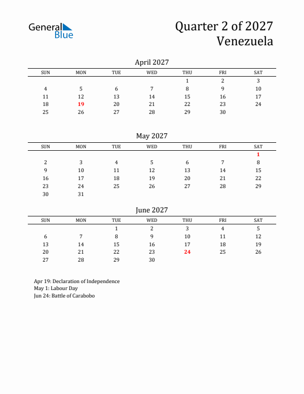 Quarter 2 2027 Venezuela Quarterly Calendar