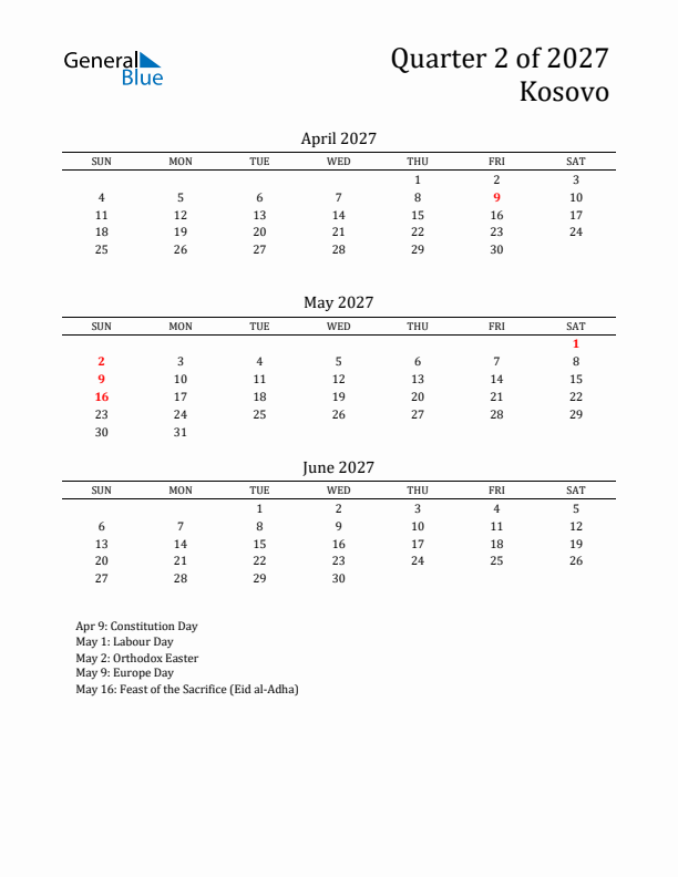 Quarter 2 2027 Kosovo Quarterly Calendar