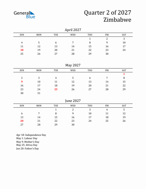 Quarter 2 2027 Zimbabwe Quarterly Calendar