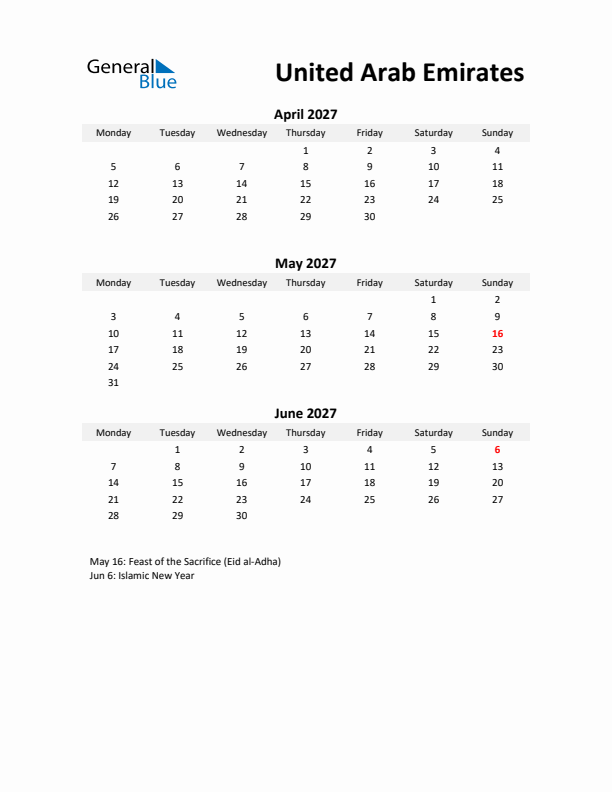 Printable Quarterly Calendar with Notes and United Arab Emirates Holidays- Q2 of 2027