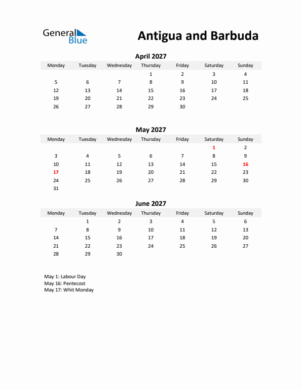 Printable Quarterly Calendar with Notes and Antigua and Barbuda Holidays- Q2 of 2027