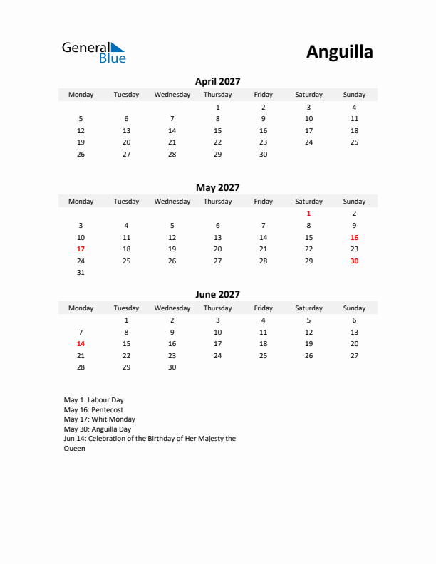 Printable Quarterly Calendar with Notes and Anguilla Holidays- Q2 of 2027