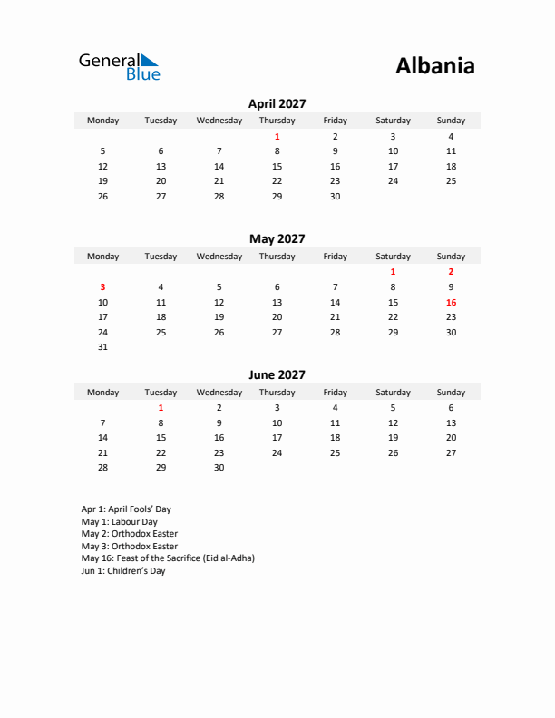 Printable Quarterly Calendar with Notes and Albania Holidays- Q2 of 2027