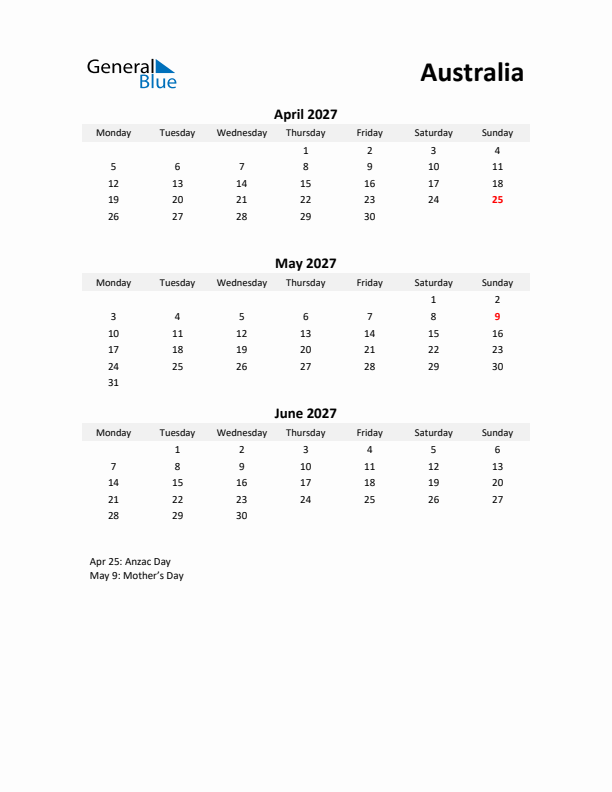 Printable Quarterly Calendar with Notes and Australia Holidays- Q2 of 2027