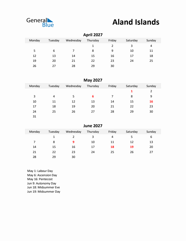 Printable Quarterly Calendar with Notes and Aland Islands Holidays- Q2 of 2027