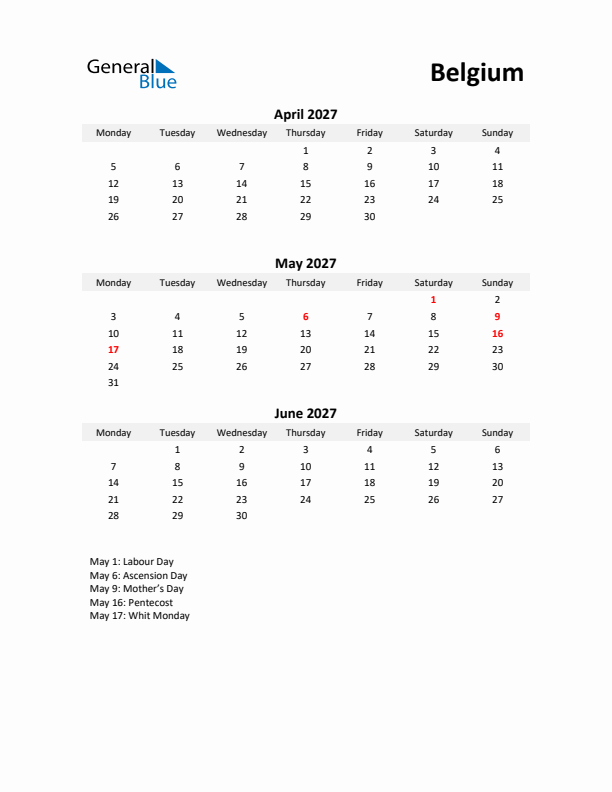 Printable Quarterly Calendar with Notes and Belgium Holidays- Q2 of 2027