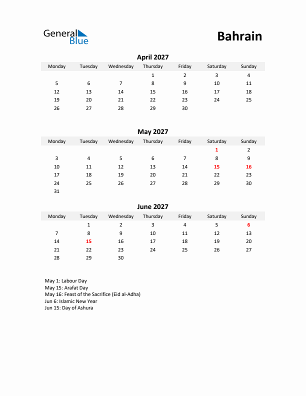 Printable Quarterly Calendar with Notes and Bahrain Holidays- Q2 of 2027