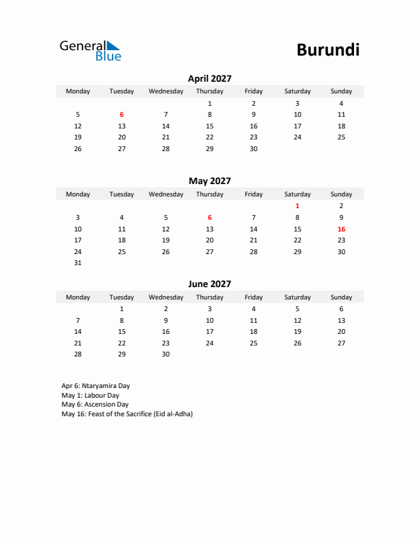 Printable Quarterly Calendar with Notes and Burundi Holidays- Q2 of 2027