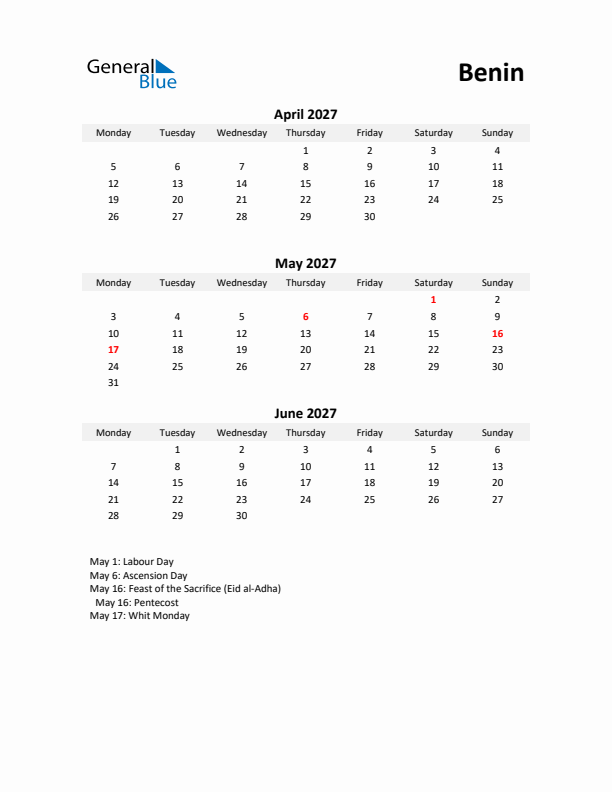 Printable Quarterly Calendar with Notes and Benin Holidays- Q2 of 2027