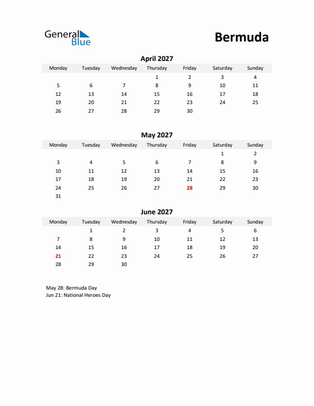 Printable Quarterly Calendar with Notes and Bermuda Holidays- Q2 of 2027