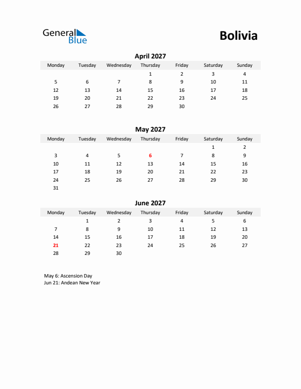 Printable Quarterly Calendar with Notes and Bolivia Holidays- Q2 of 2027