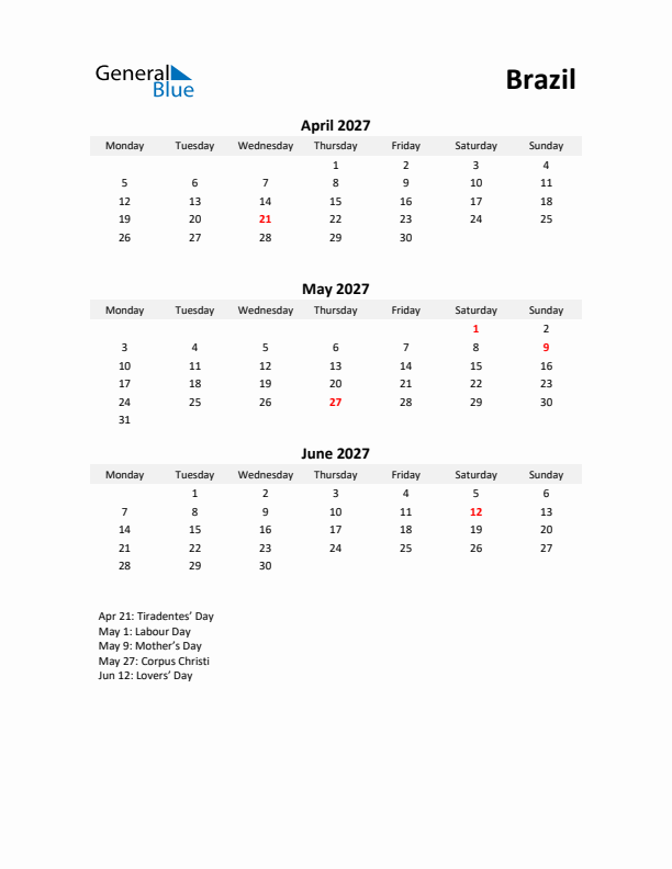 Printable Quarterly Calendar with Notes and Brazil Holidays- Q2 of 2027