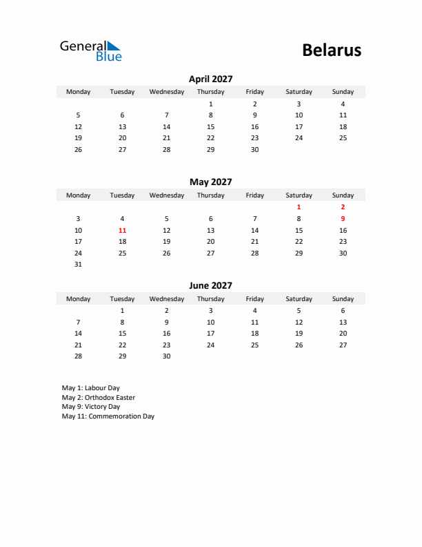 Printable Quarterly Calendar with Notes and Belarus Holidays- Q2 of 2027