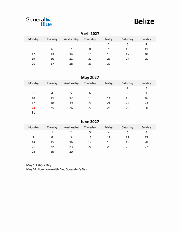 Printable Quarterly Calendar with Notes and Belize Holidays- Q2 of 2027