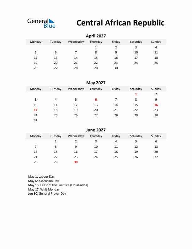 Printable Quarterly Calendar with Notes and Central African Republic Holidays- Q2 of 2027