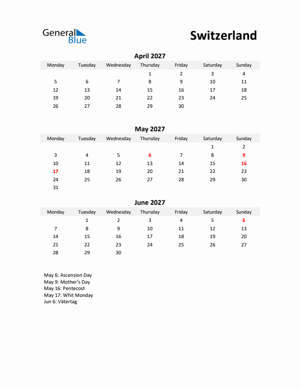 Printable Quarterly Calendar with Notes and Switzerland Holidays- Q2 of 2027