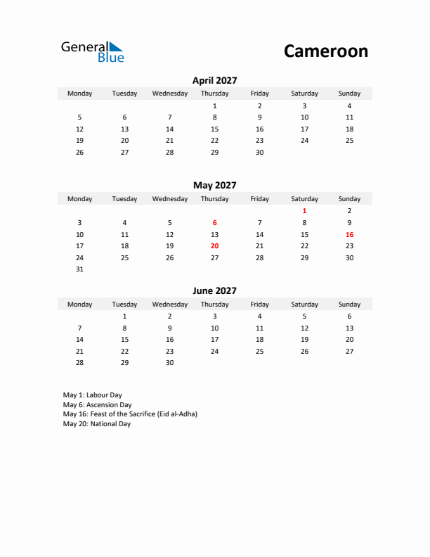 Printable Quarterly Calendar with Notes and Cameroon Holidays- Q2 of 2027