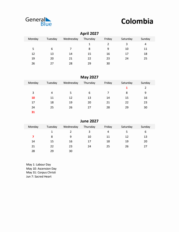 Printable Quarterly Calendar with Notes and Colombia Holidays- Q2 of 2027