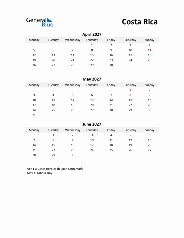 Printable Quarterly Calendar with Notes and Costa Rica Holidays- Q2 of 2027