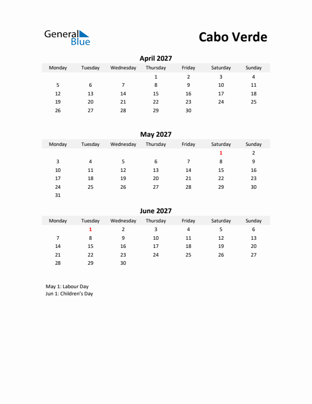 Printable Quarterly Calendar with Notes and Cabo Verde Holidays- Q2 of 2027