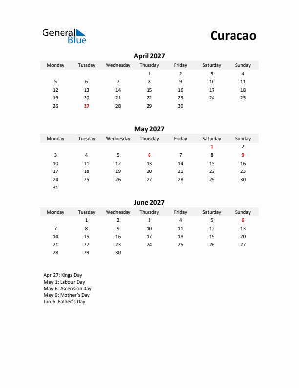 Printable Quarterly Calendar with Notes and Curacao Holidays- Q2 of 2027