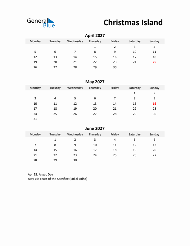 Printable Quarterly Calendar with Notes and Christmas Island Holidays- Q2 of 2027