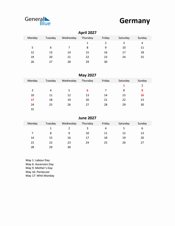 Printable Quarterly Calendar with Notes and Germany Holidays- Q2 of 2027