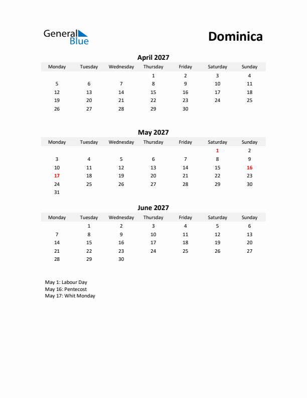 Printable Quarterly Calendar with Notes and Dominica Holidays- Q2 of 2027