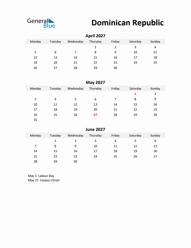 Printable Quarterly Calendar with Notes and Dominican Republic Holidays- Q2 of 2027