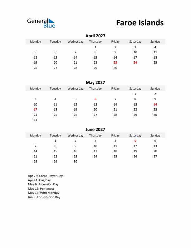 Printable Quarterly Calendar with Notes and Faroe Islands Holidays- Q2 of 2027