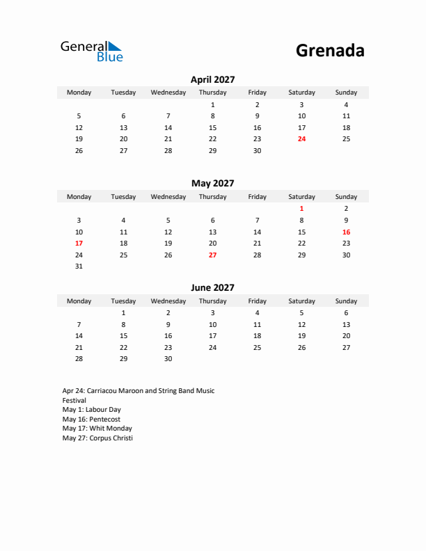 Printable Quarterly Calendar with Notes and Grenada Holidays- Q2 of 2027