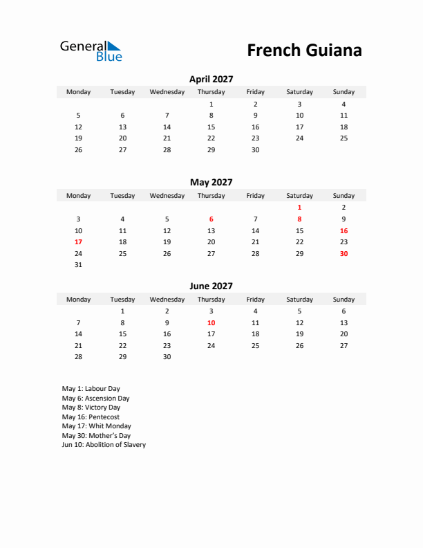 Printable Quarterly Calendar with Notes and French Guiana Holidays- Q2 of 2027