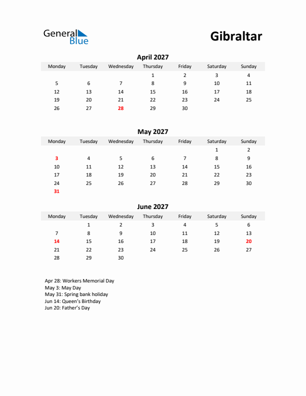 Printable Quarterly Calendar with Notes and Gibraltar Holidays- Q2 of 2027