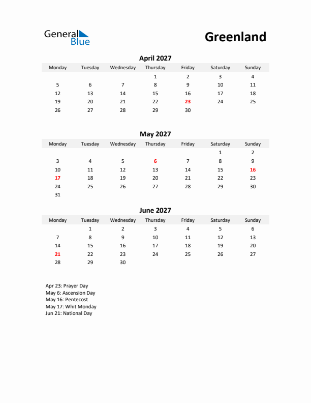 Printable Quarterly Calendar with Notes and Greenland Holidays- Q2 of 2027