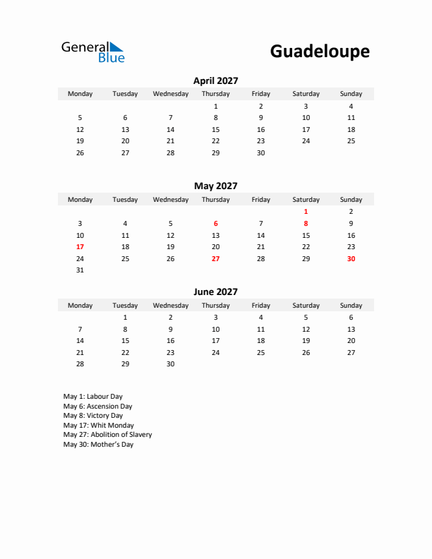 Printable Quarterly Calendar with Notes and Guadeloupe Holidays- Q2 of 2027