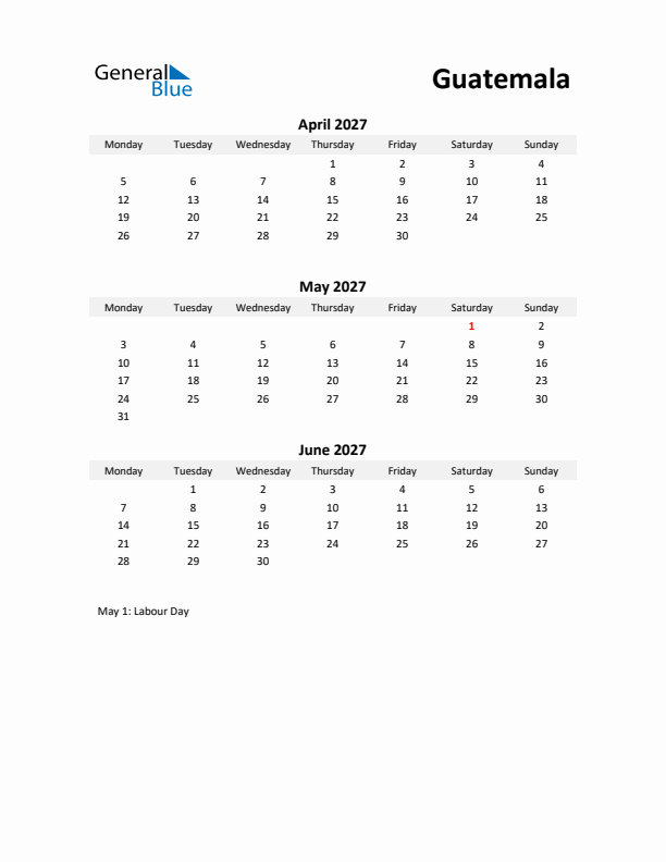 Printable Quarterly Calendar with Notes and Guatemala Holidays- Q2 of 2027