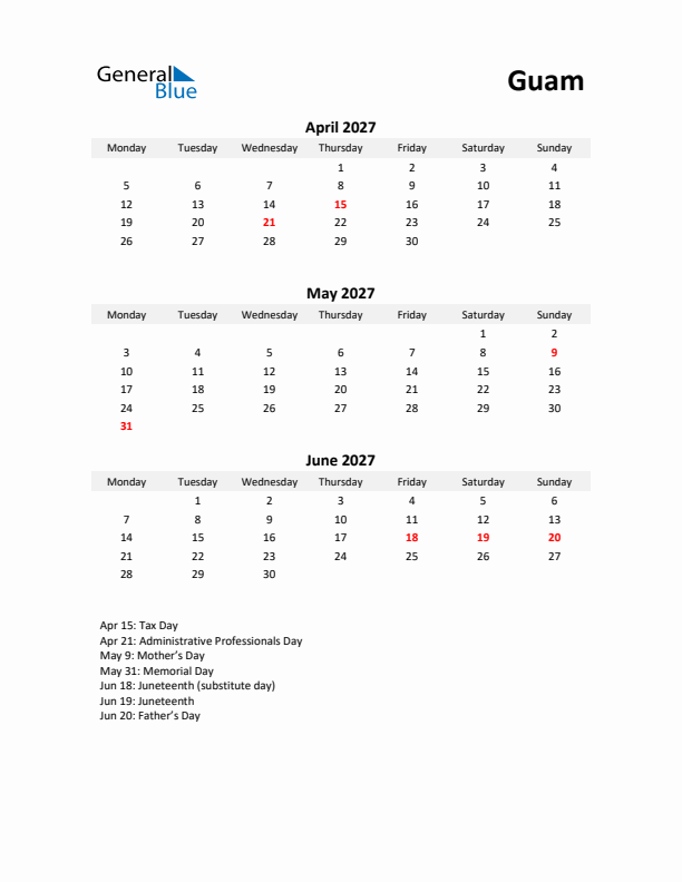 Printable Quarterly Calendar with Notes and Guam Holidays- Q2 of 2027