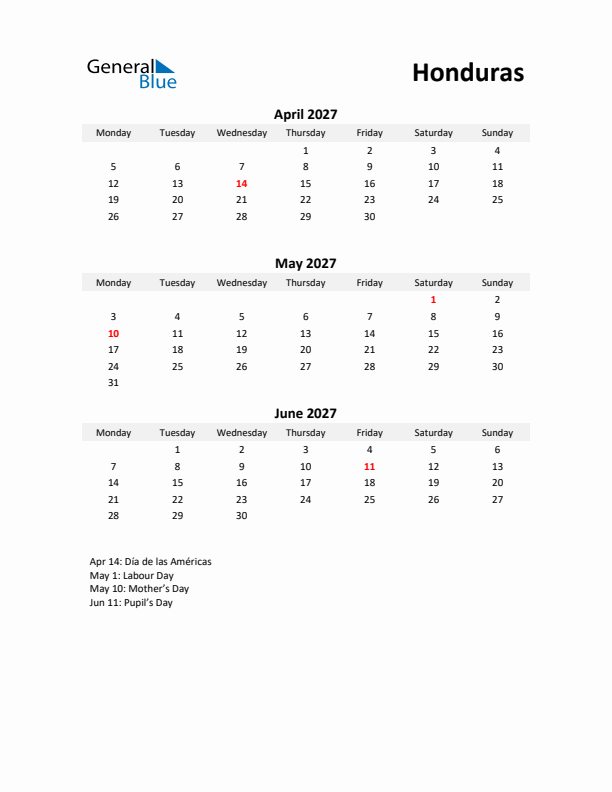 Printable Quarterly Calendar with Notes and Honduras Holidays- Q2 of 2027