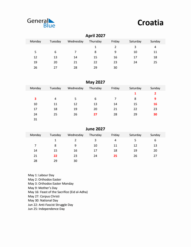 Printable Quarterly Calendar with Notes and Croatia Holidays- Q2 of 2027