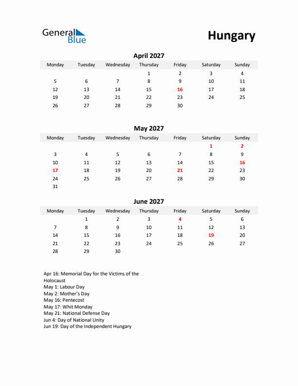 Printable Quarterly Calendar with Notes and Hungary Holidays- Q2 of 2027