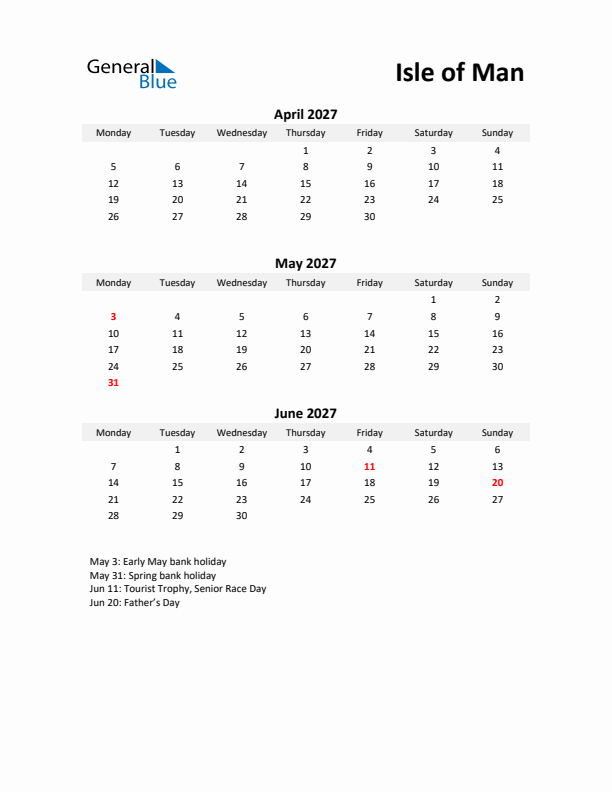 Printable Quarterly Calendar with Notes and Isle of Man Holidays- Q2 of 2027