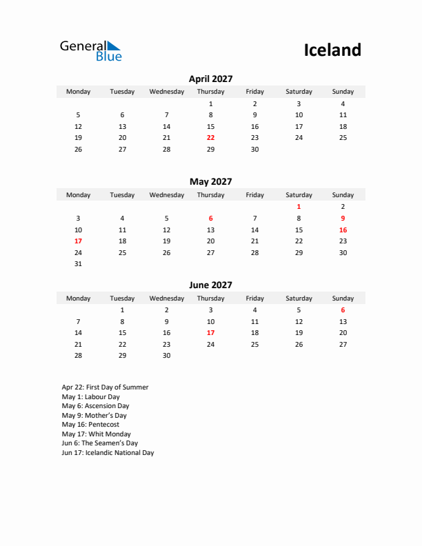 Printable Quarterly Calendar with Notes and Iceland Holidays- Q2 of 2027